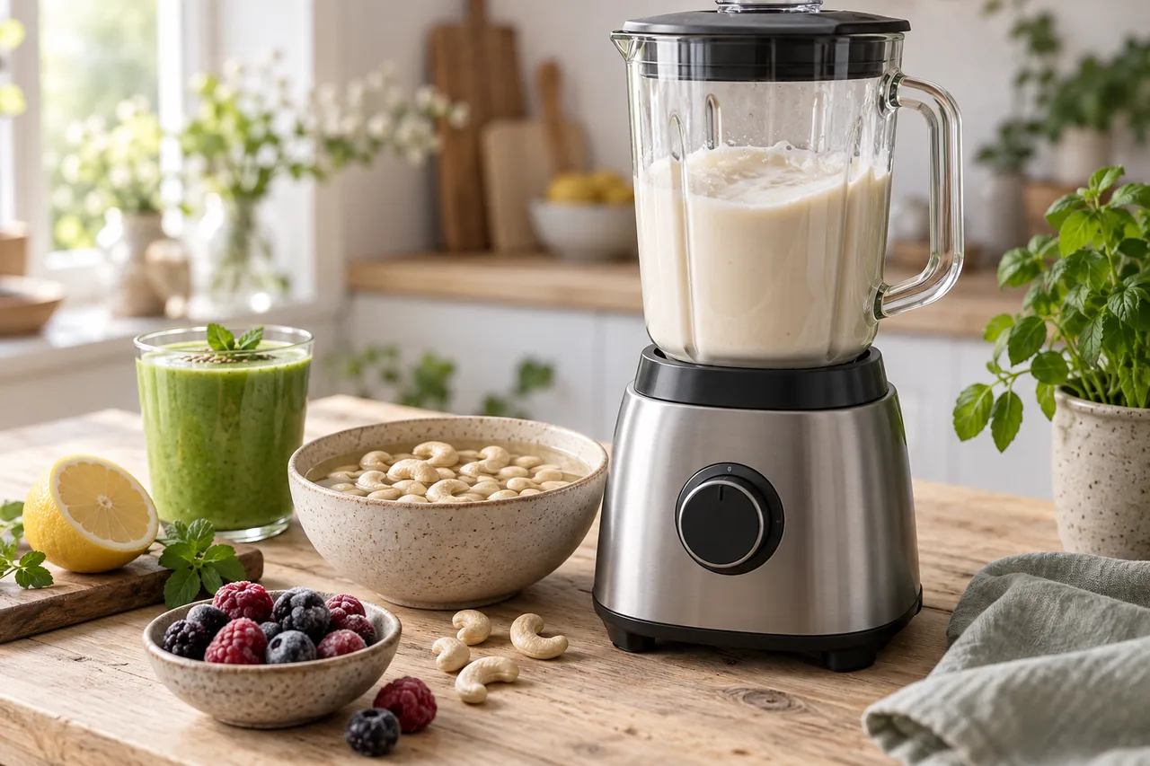 Bänkblender med kannan full av slät cashewgrädde, bredvid en skål blötlagda cashewnötter, en grön smoothie, frysta bär och en halv citron