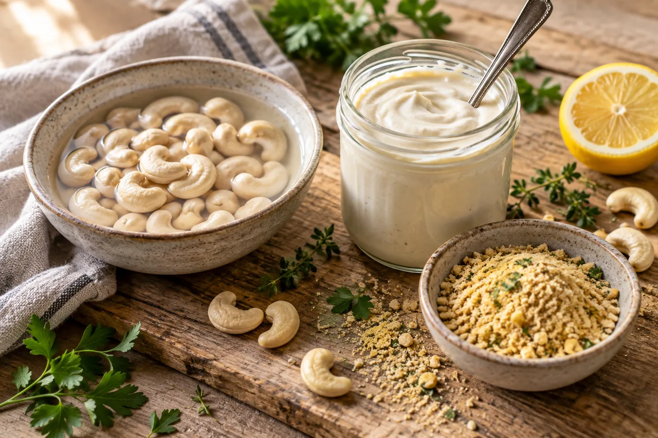 Blötlagda cashewnötter i en skål med vatten, en glasburk med slät cashewgrädde och en skål vegansk parmesan av malda cashewnötter och näringsjäst på ett träbord