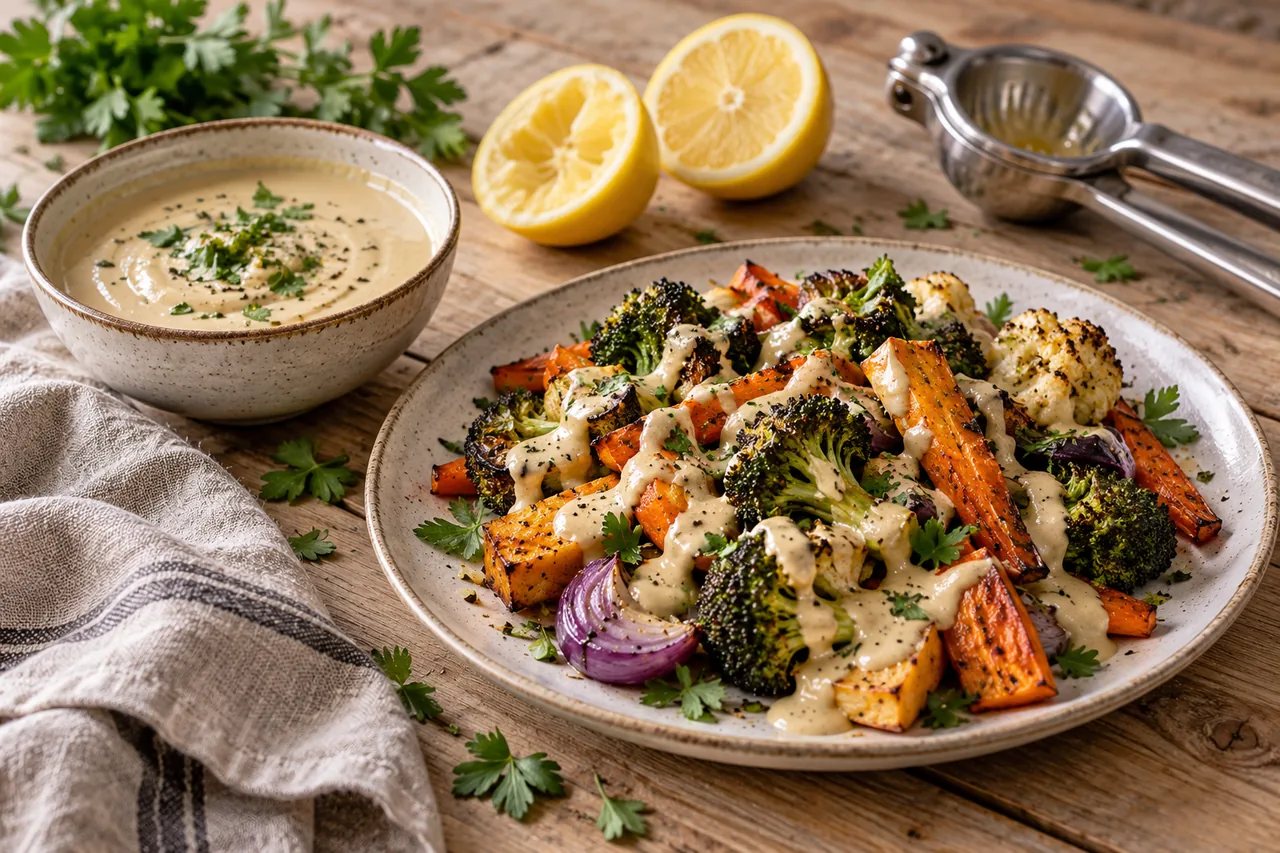 Tahinidressing med citron och ugnsrostade grönsaker