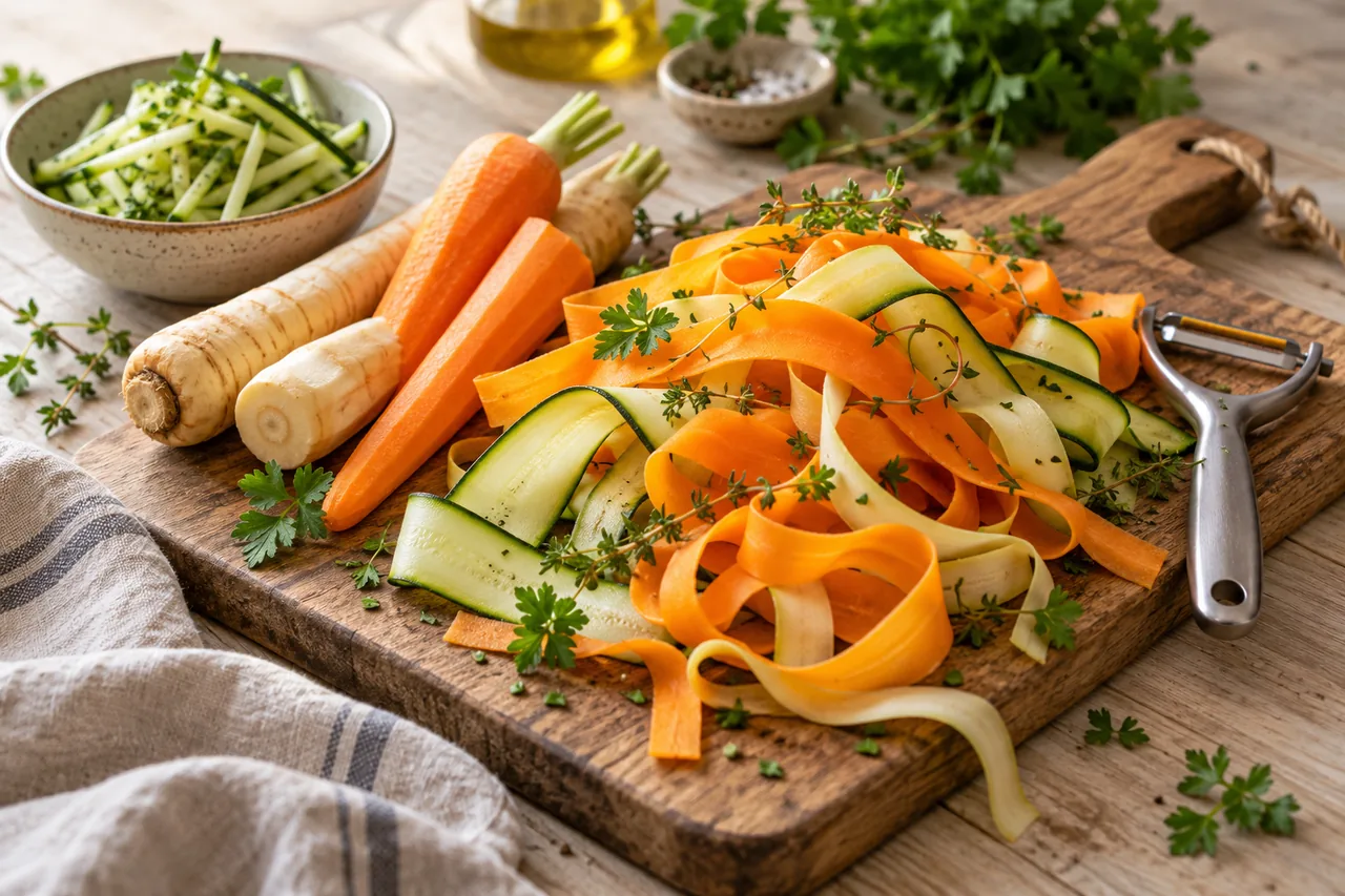 Skalade morötter och palsternackor med långa grönsaksband av morot och zucchini på en träskärbräda bredvid en Y-skalare