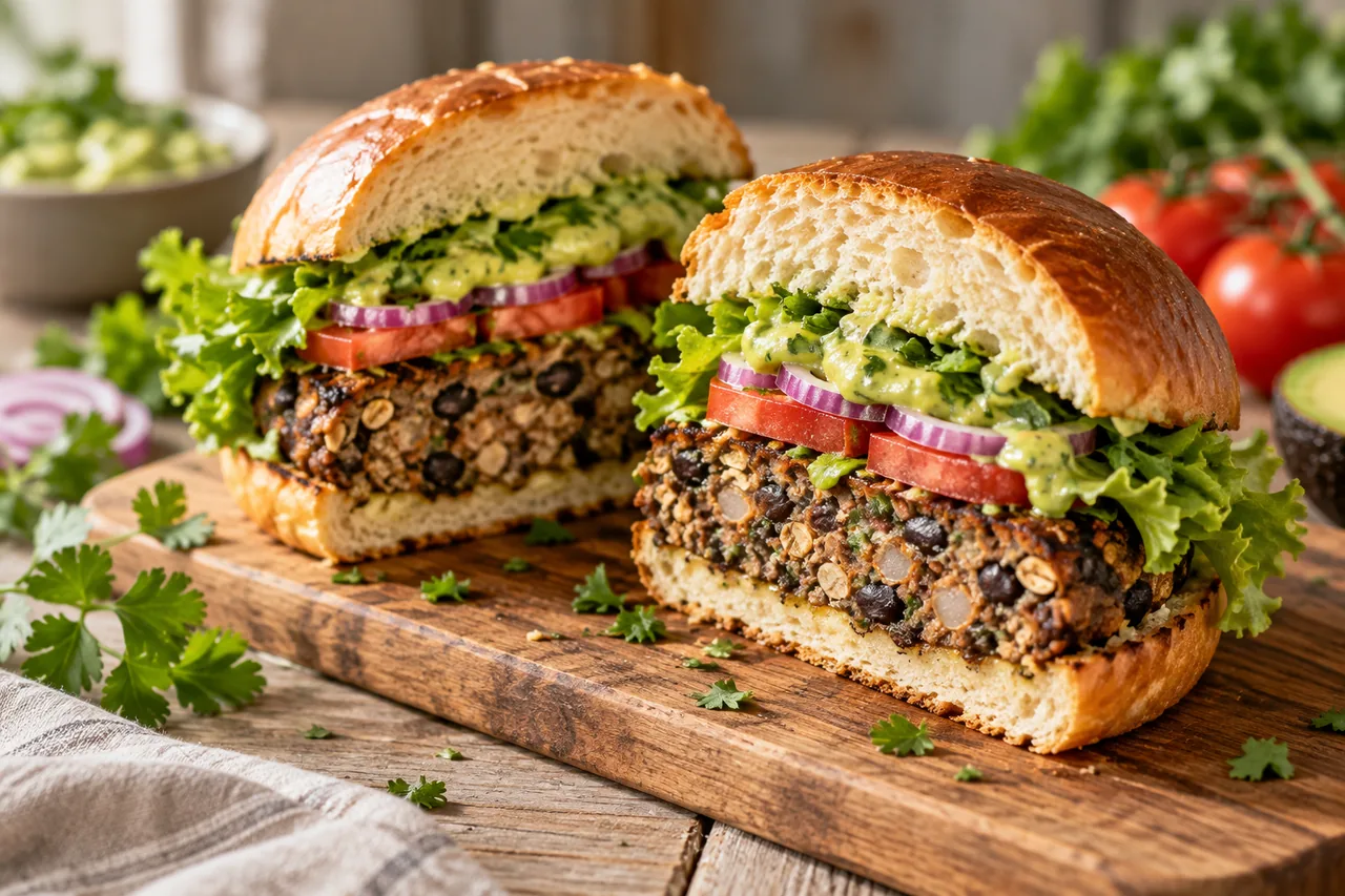 Genomskuren vegansk bönburgare i bröd med sallad, tomat, rödlök och avokadosås, där biffen håller ihop