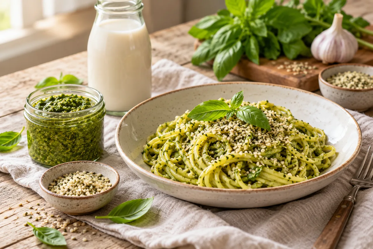 Pesto med hampafrön, pasta toppad med hampafrön och en flaska hemgjord hampamjölk