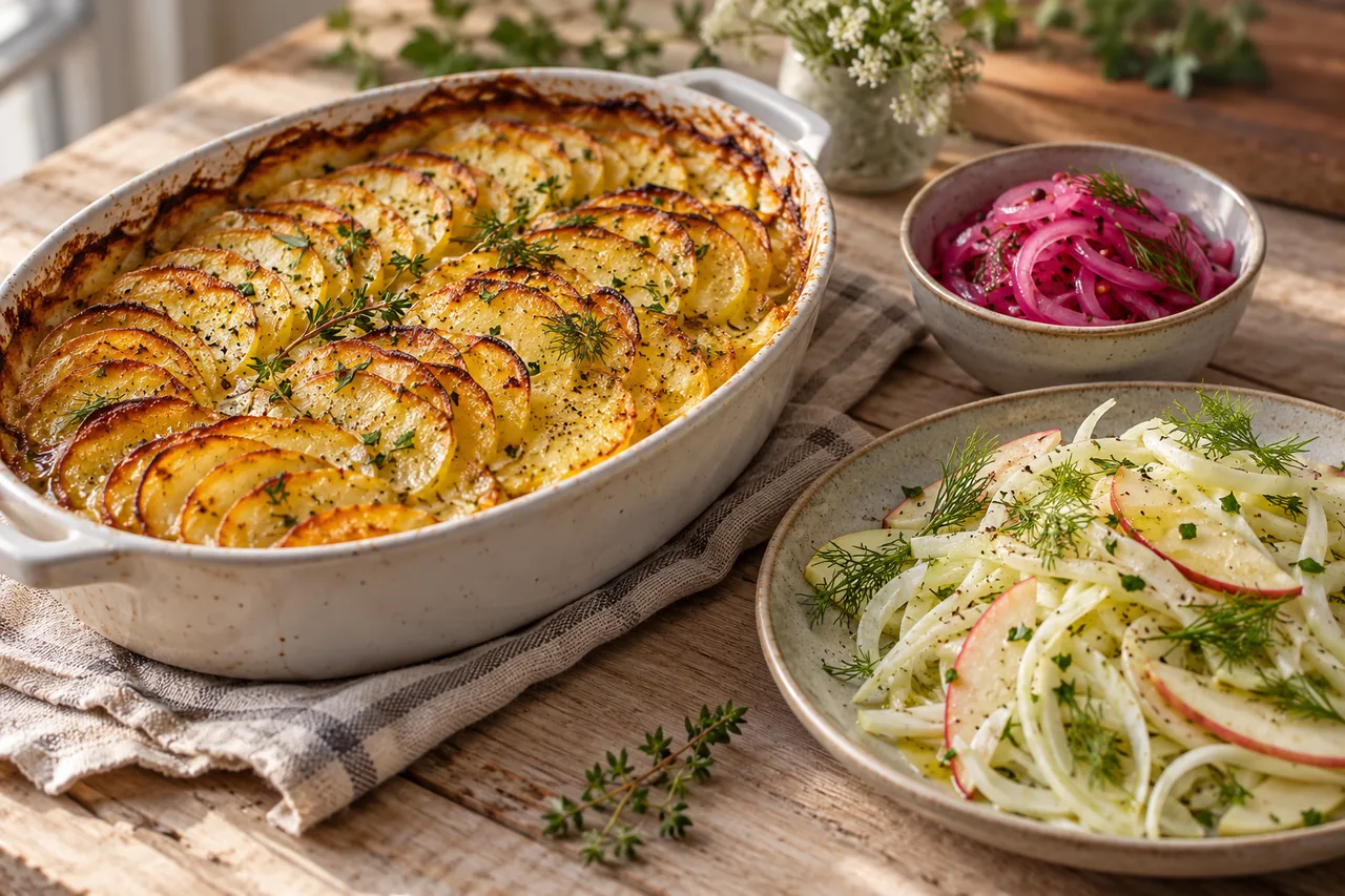 Vegansk potatisgratäng med tunna jämna potatisskivor, picklad rödlök och fänkålssallad