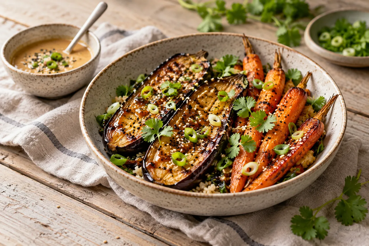 Misoglaserade ugnsrostade auberginehalvor och morötter med sesamfrön och salladslök, med en skål misodressing