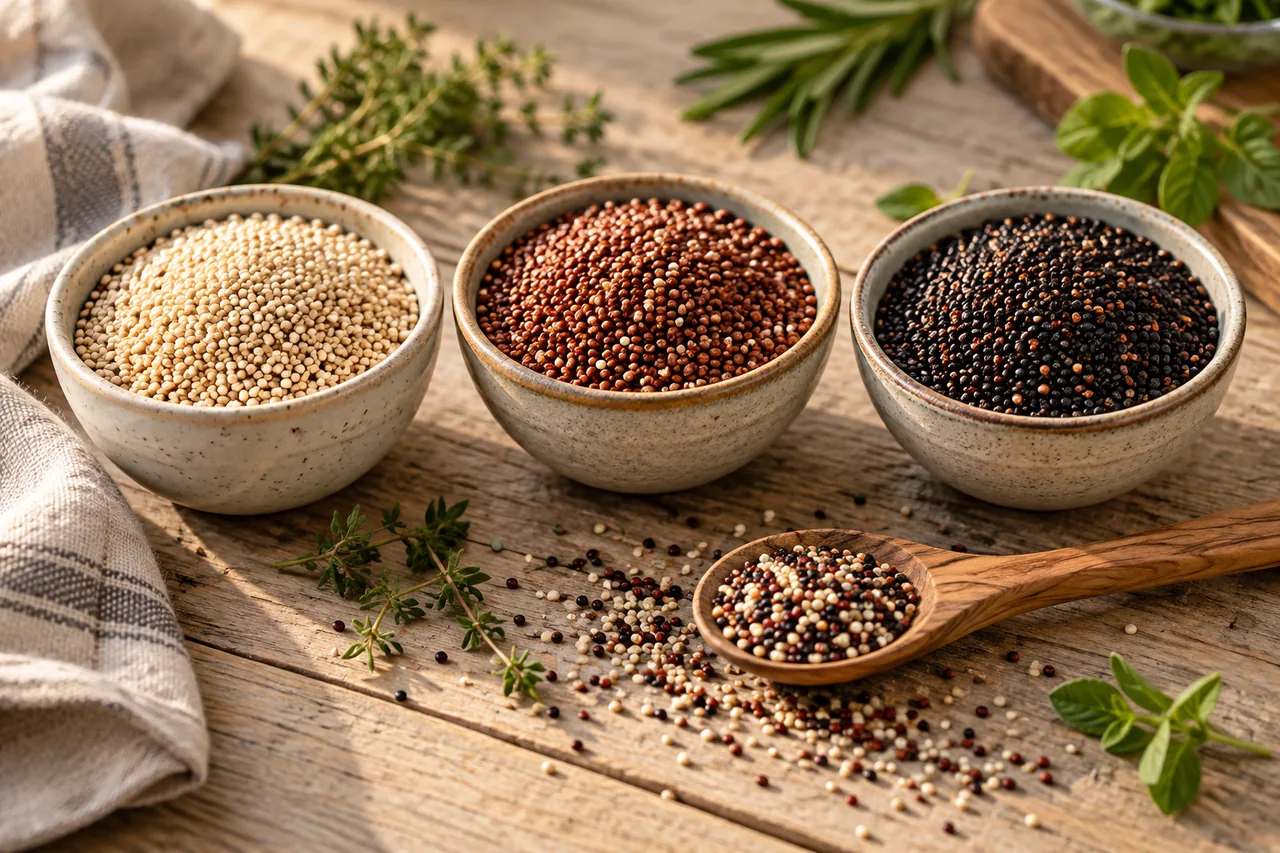 Vit, röd och svart quinoa i tre skålar, trefärgad quinoa i en träsked