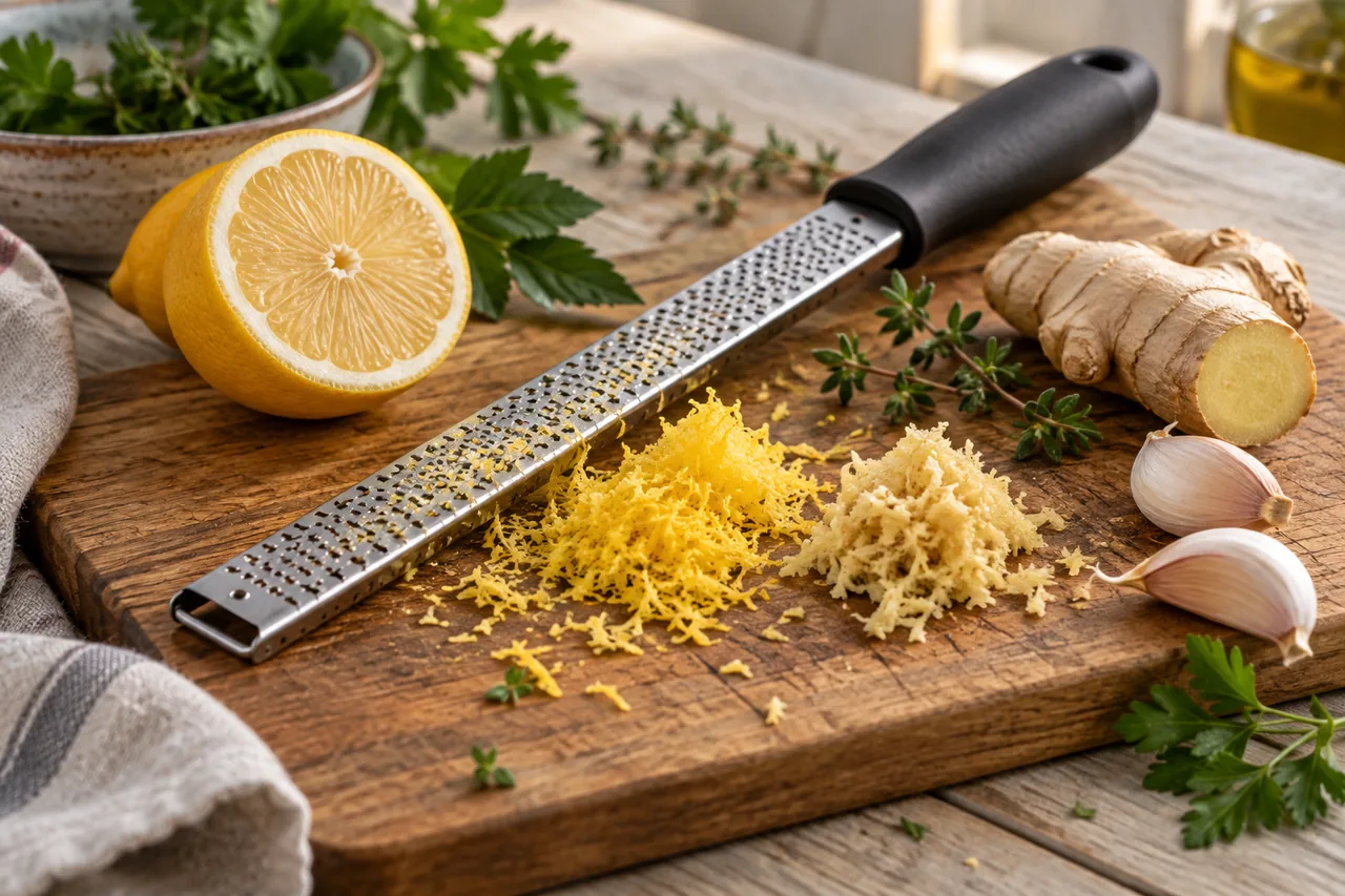 Fint rasp på en skärbräda med nyriven citronzest och ingefära, en halverad citron, färsk ingefära och vitlöksklyftor