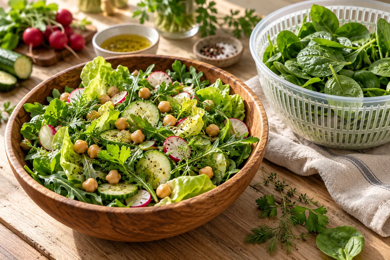 Grön sallad med kikärtor, rädisor och gurka i en träskål bredvid en salladsslunga med spenat