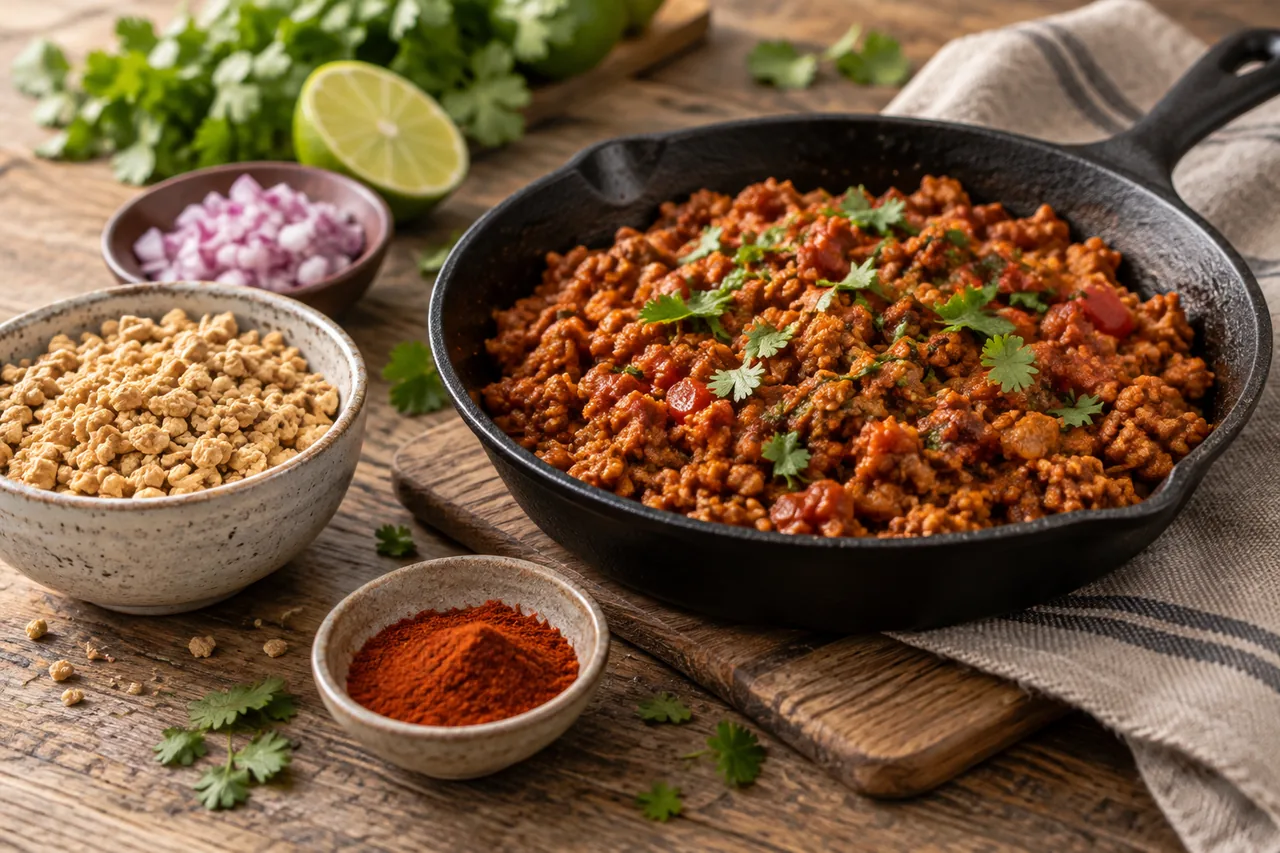 Skål med torkad sojafärs bredvid en gjutjärnspanna med färdig vegansk tacofärs, lime, hackad rödlök och rökt paprikapulver