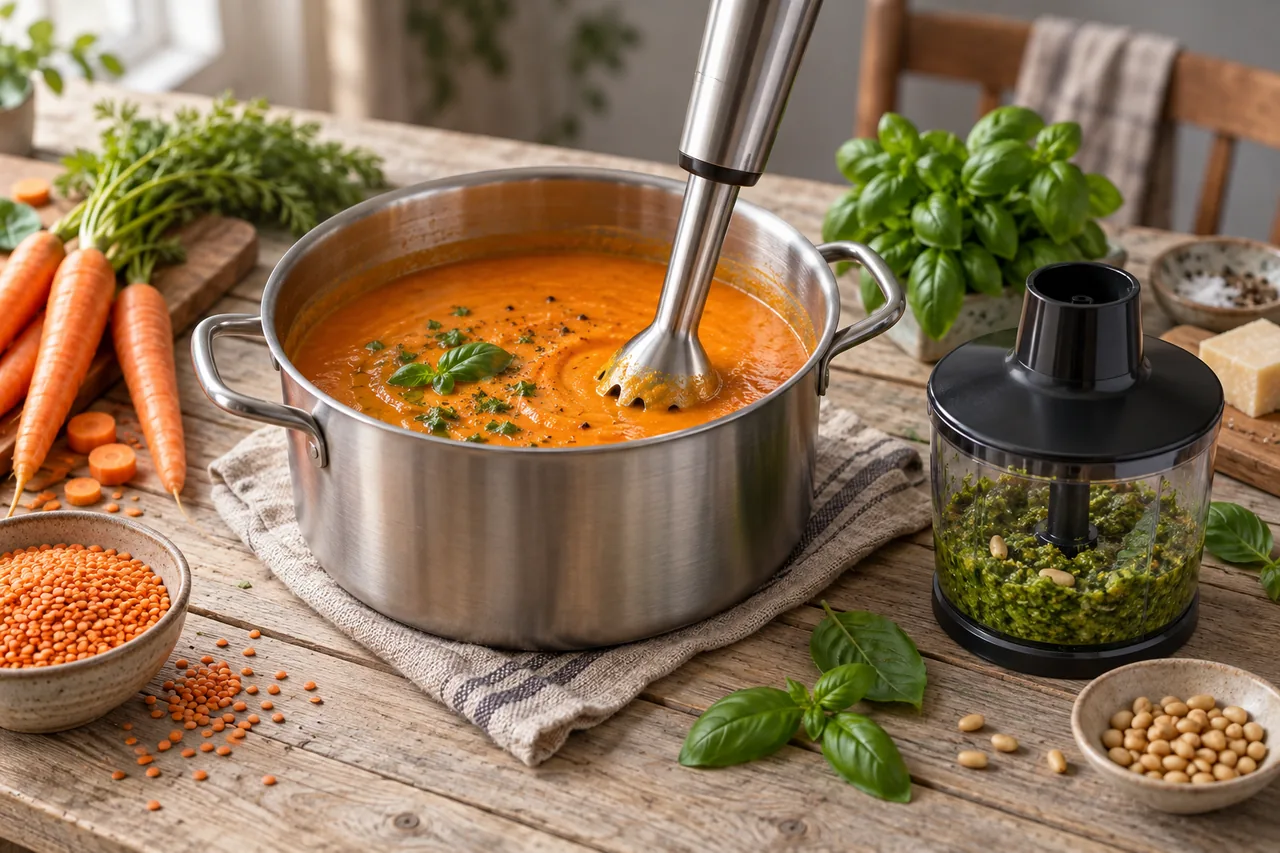 Stavmixer med mixerfot i rostfritt stål i en kastrull med slät morots- och linssoppa, bredvid en minihackare med basilikapesto