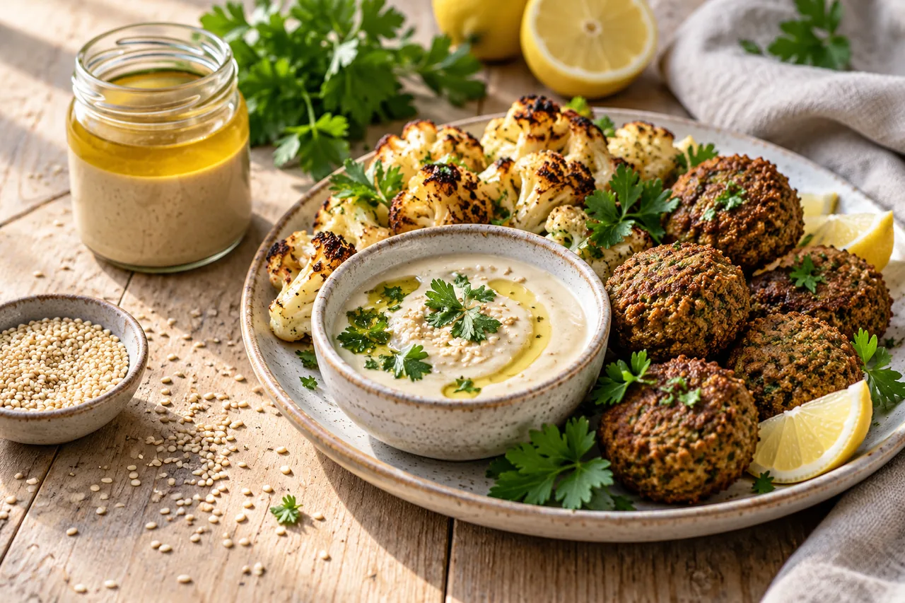 Tahinisås med persilja, ugnsrostad blomkål och falafel på ett fat
