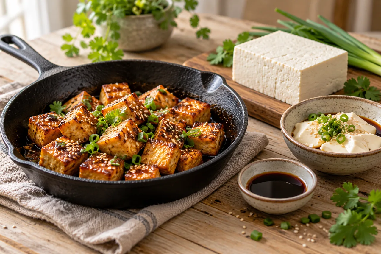 Gyllene krispiga tofutärningar med sesamfrön och salladslök i en gjutjärnspanna, bredvid ett block fast tofu på en skärbräda, en skål silkestofu och en skål soja