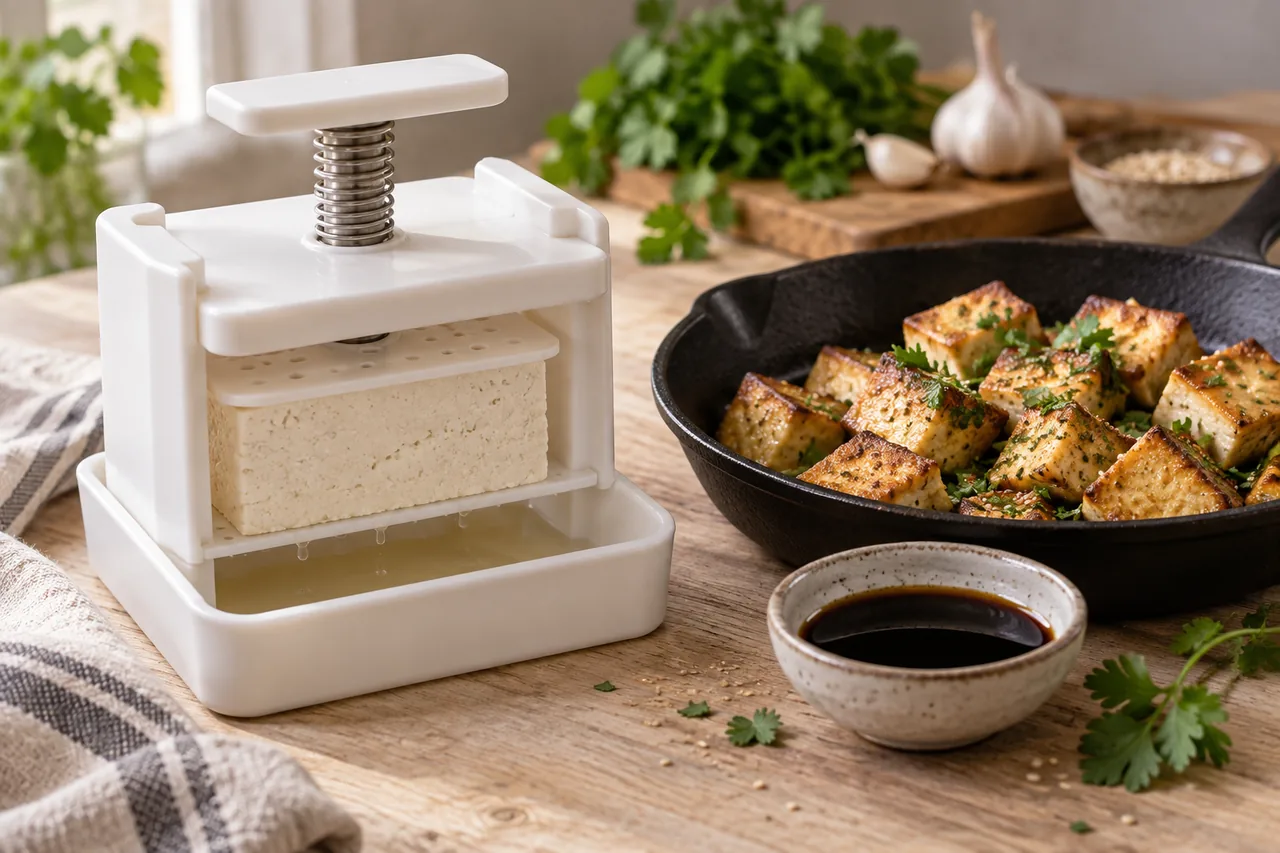 Vit tofupress med fjäder som pressar ett block fast tofu, med utpressat vatten i uppsamlingsskålen, bredvid en gjutjärnspanna med gyllene stekta tofutärningar och en skål soja