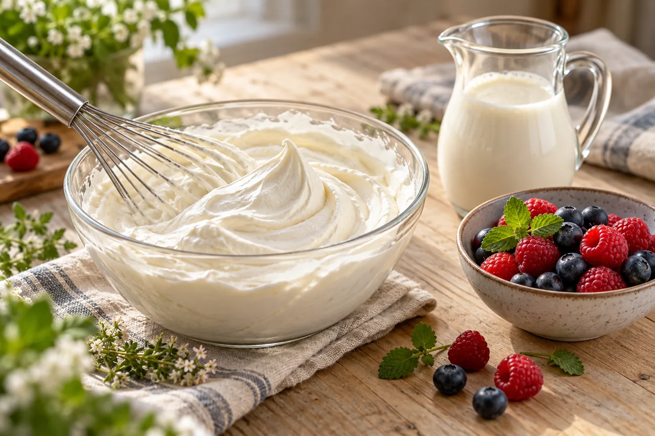 Glasskål med fluffigt vispad vegansk havregrädde och en ballongvisp, bredvid en skål hallon och blåbär och en glaskanna med växtgrädde