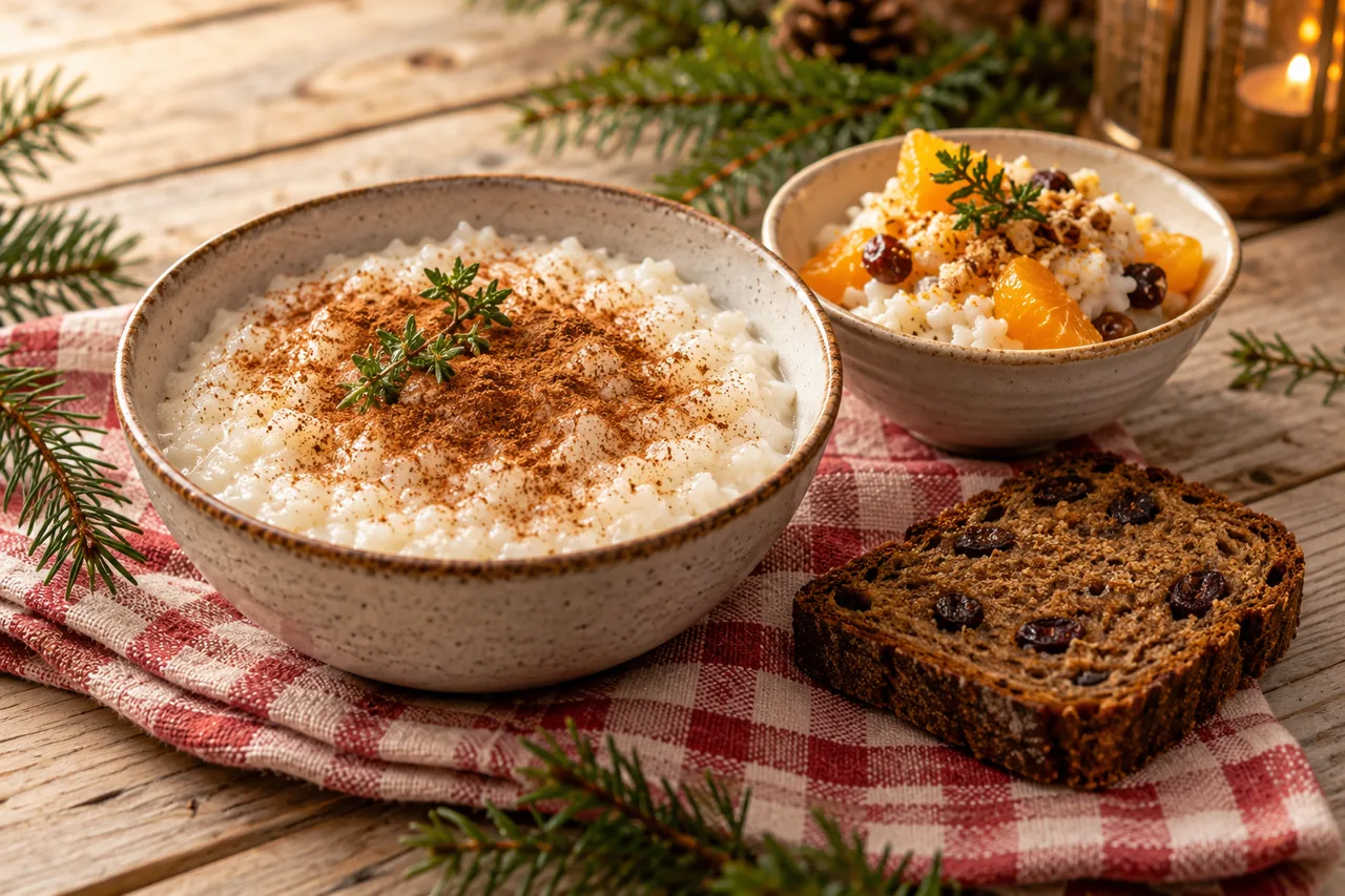 Vegansk risgrynsgröt, ris à la Malta och vörtbröd med russin