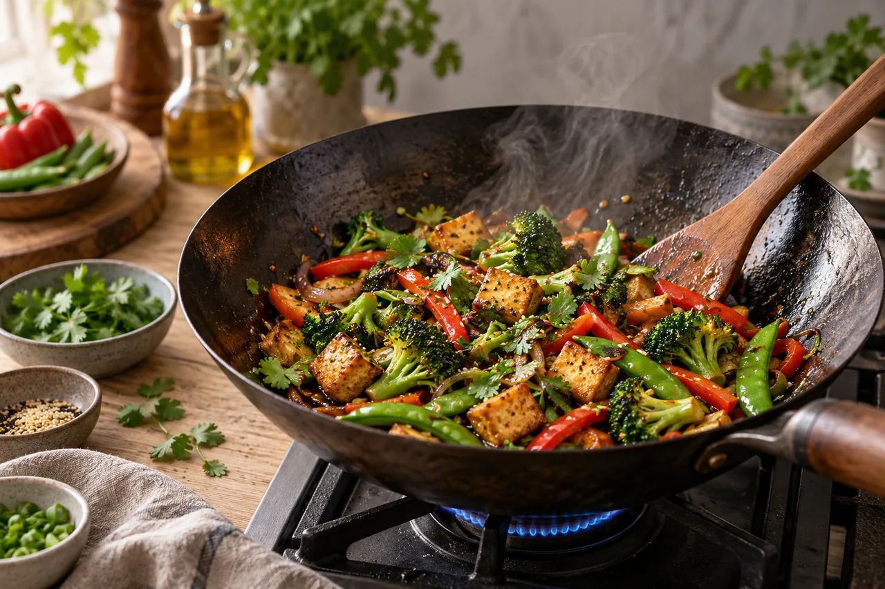 Grönsaker och gyllene tofu wokas i en inbränd kolstålswok över gaslåga