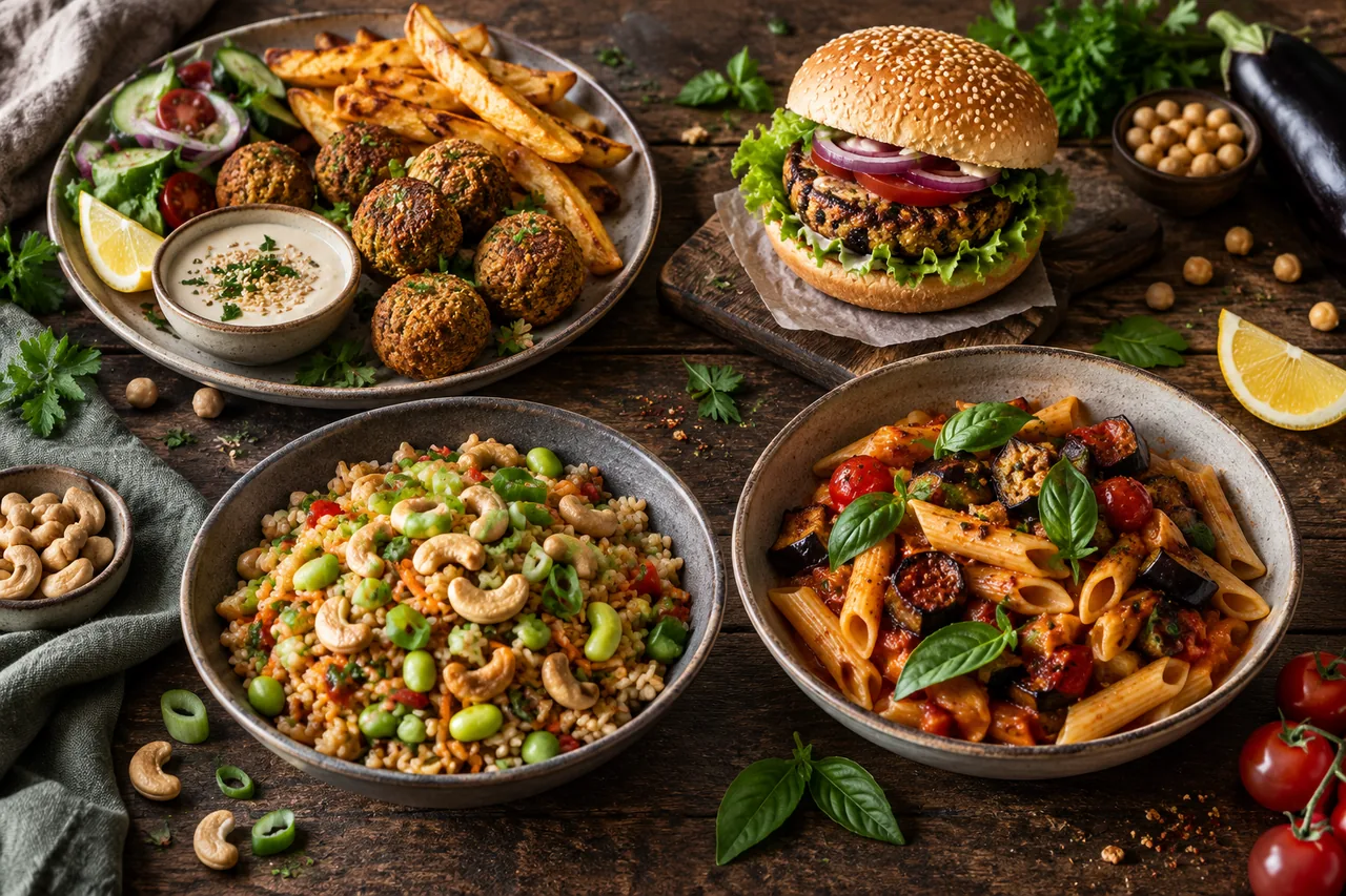 Falafeltallrik och bönburgare – vegansk matsedel vecka 42