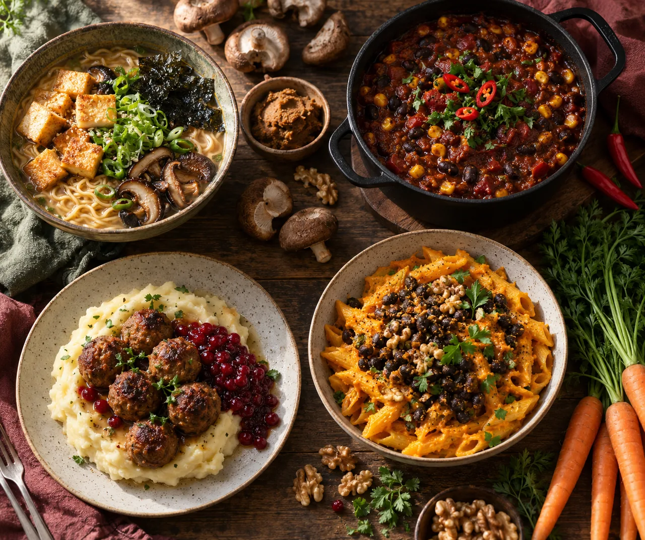Misoramen och nötbullar – vegansk matsedel vecka 41