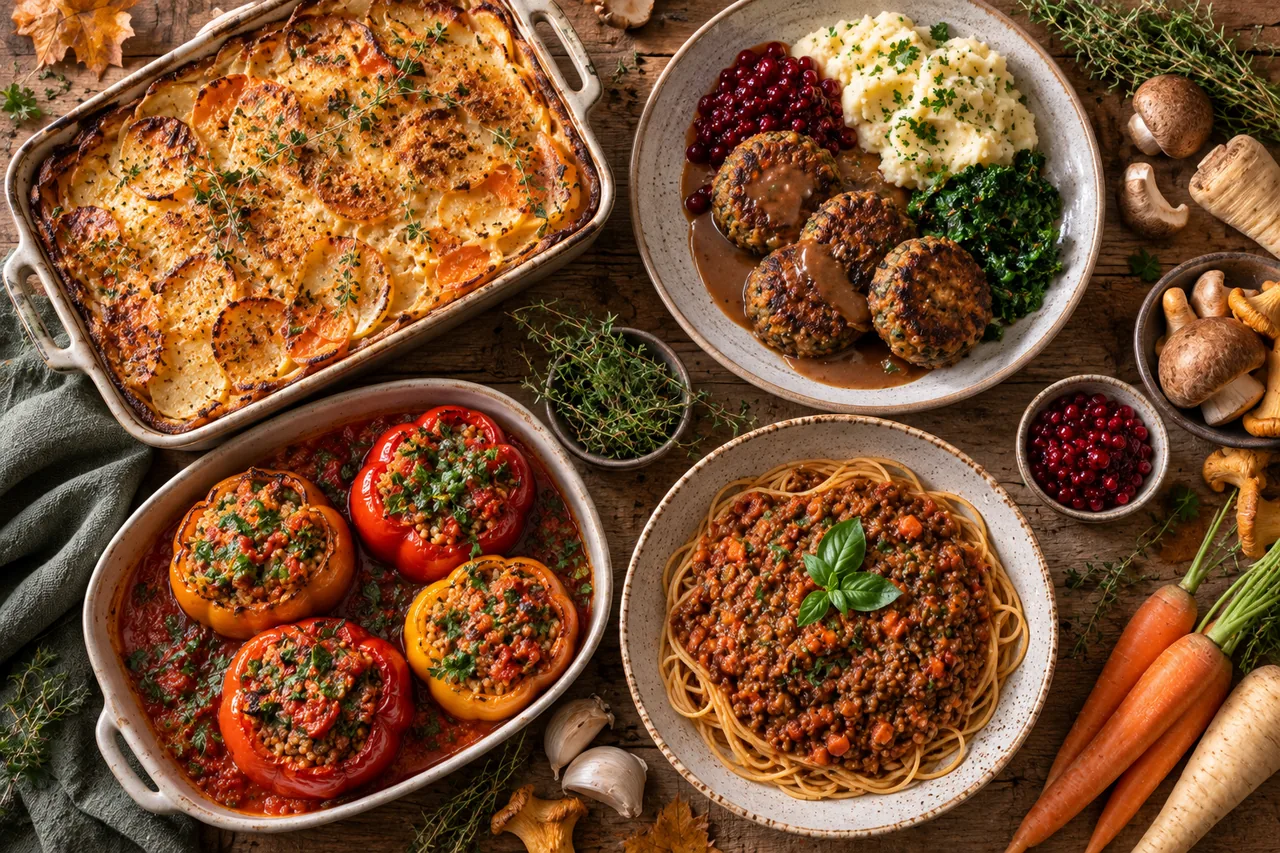 Rotfruktsgratäng och linsjärpar – vegansk matsedel vecka 43