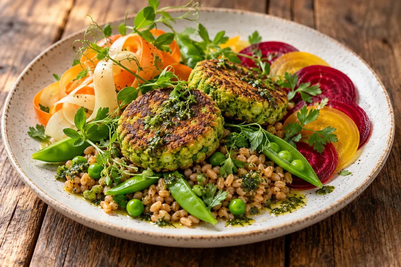 Ärtbiffar med matvetesallad och picklade rotfrukter