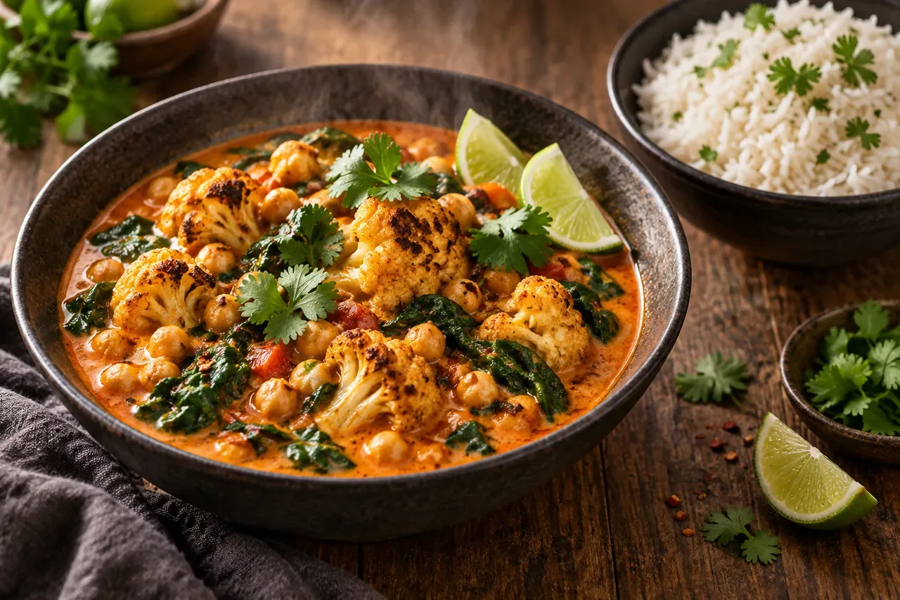 Asiatisk blomkålsgryta med röd curry och kokosmjölk