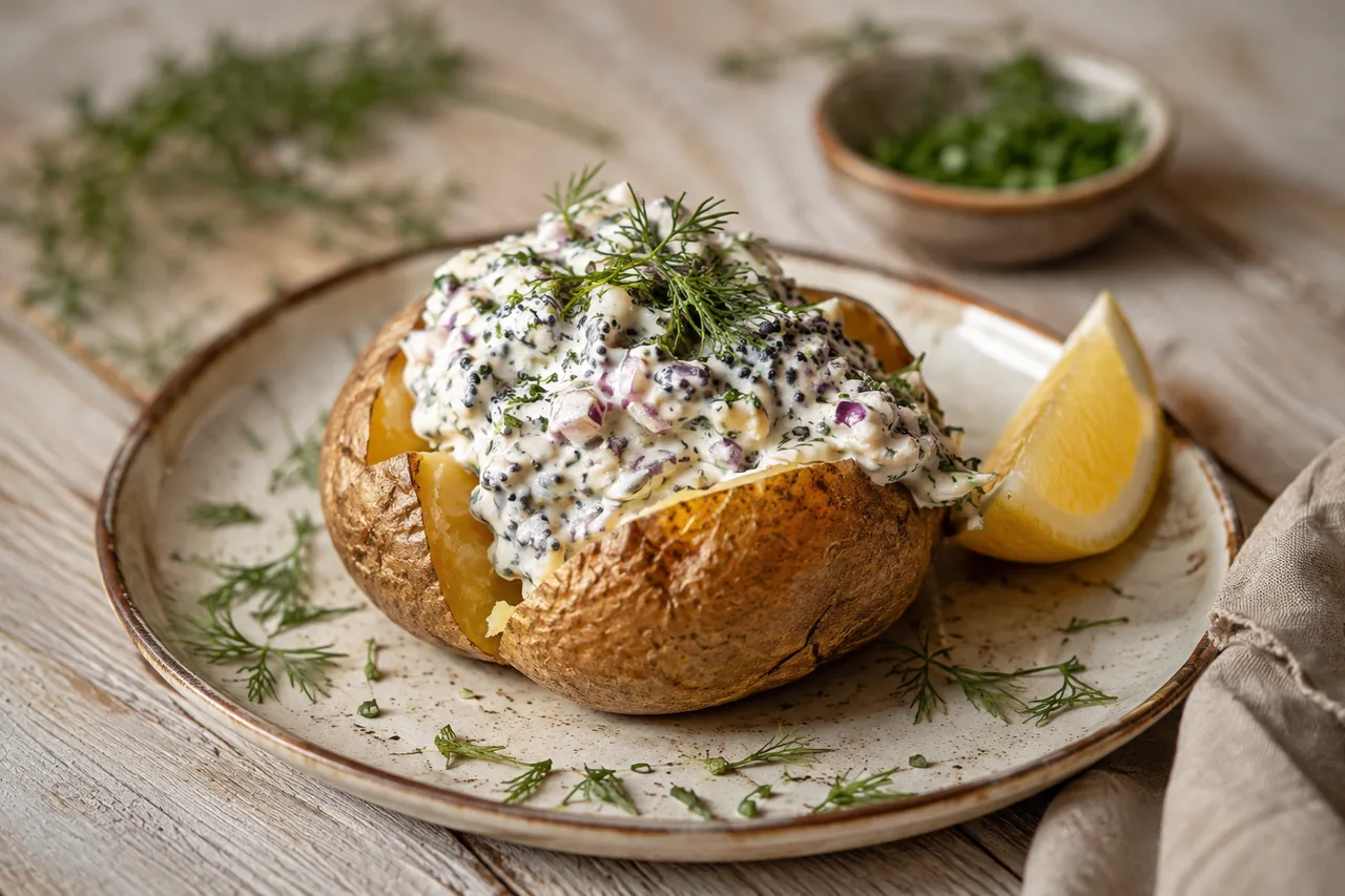 Bakad potatis med vegansk skagenröra