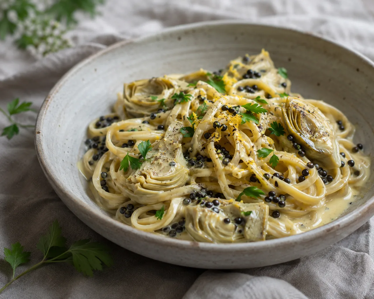 Krämig citronpasta med kronärtskocka och belugalinser