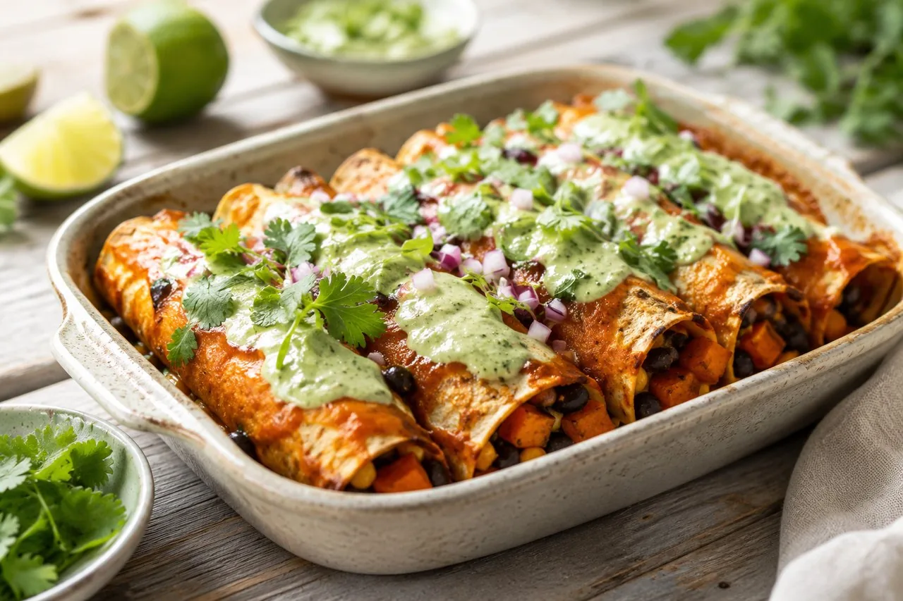 Vegan Enchiladas med sötpotatis och grön cashewcreme
