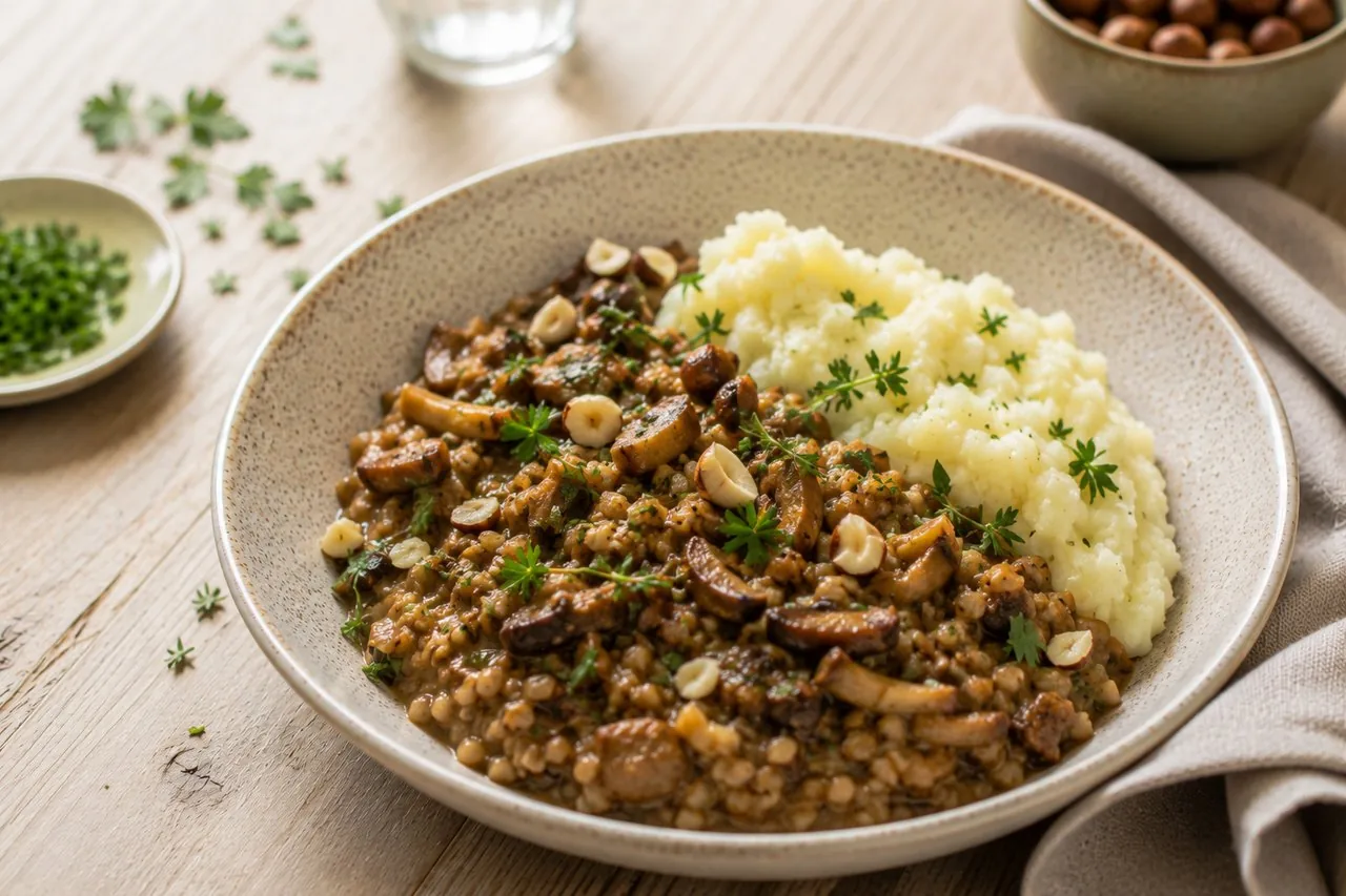 Färsgryta med hasselnötter och svamp