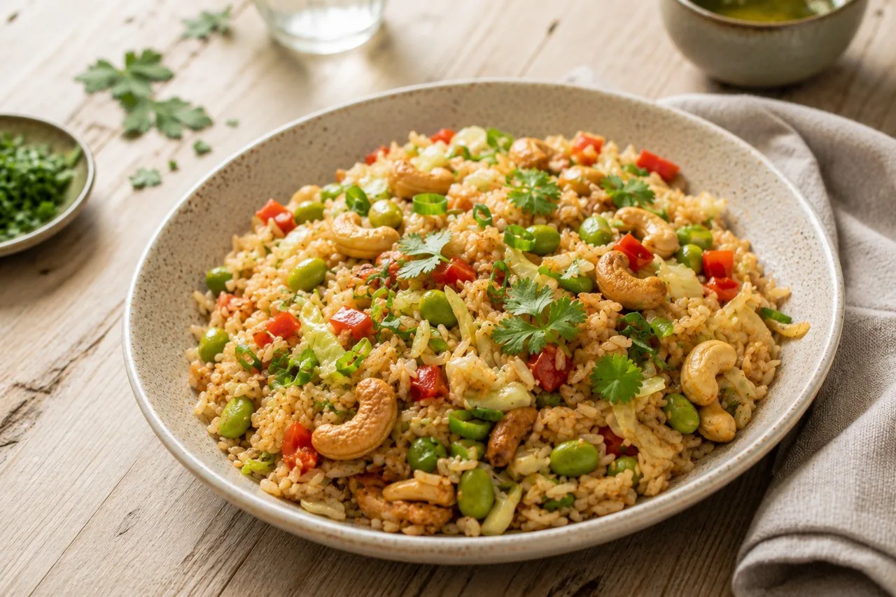 Fried rice med sojabönor och cashewnötter