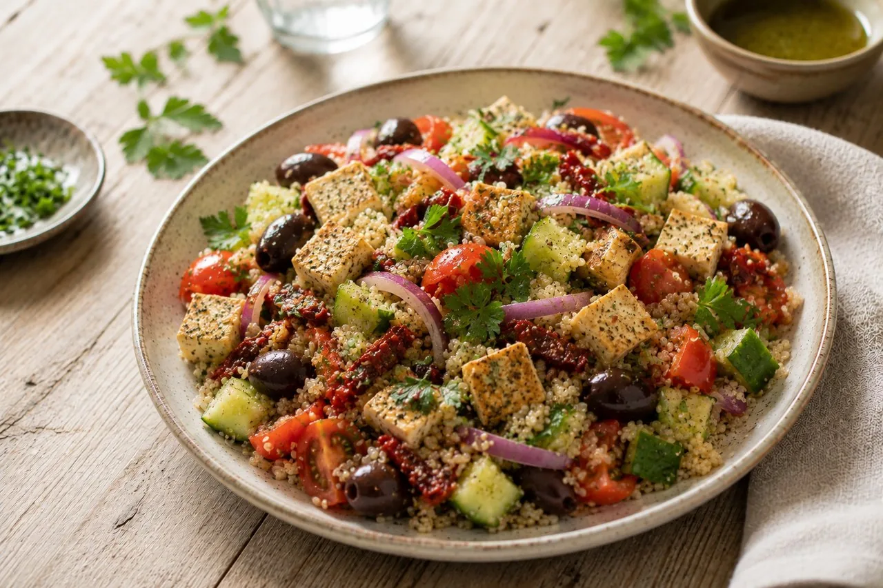 Grekisk sallad med olivtofu och quinoa