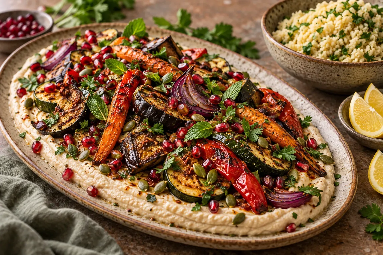Harissastekta grönsaker med vitböncreme och couscous