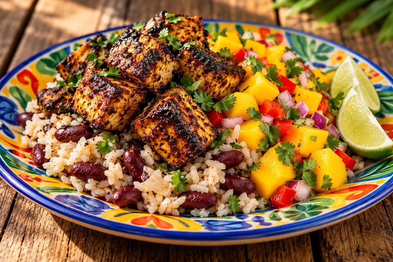 Jerk tofu med ris och bönor och mangosalsa