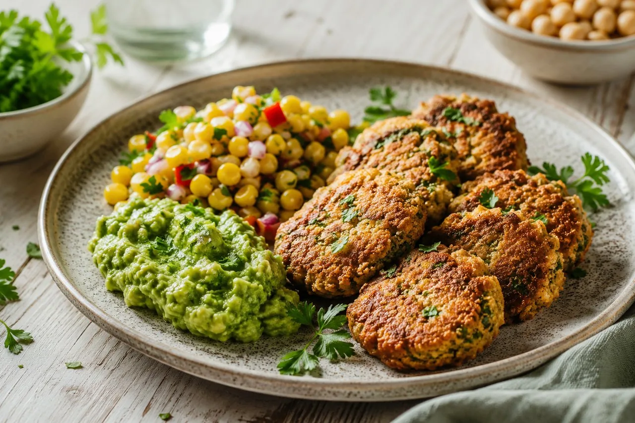 Kikärtsfritters med guacamole och majssallad