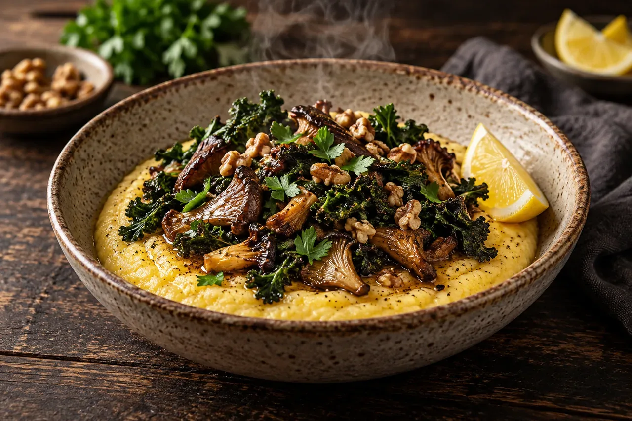 Krämig polenta med rostad svamp och grönkål