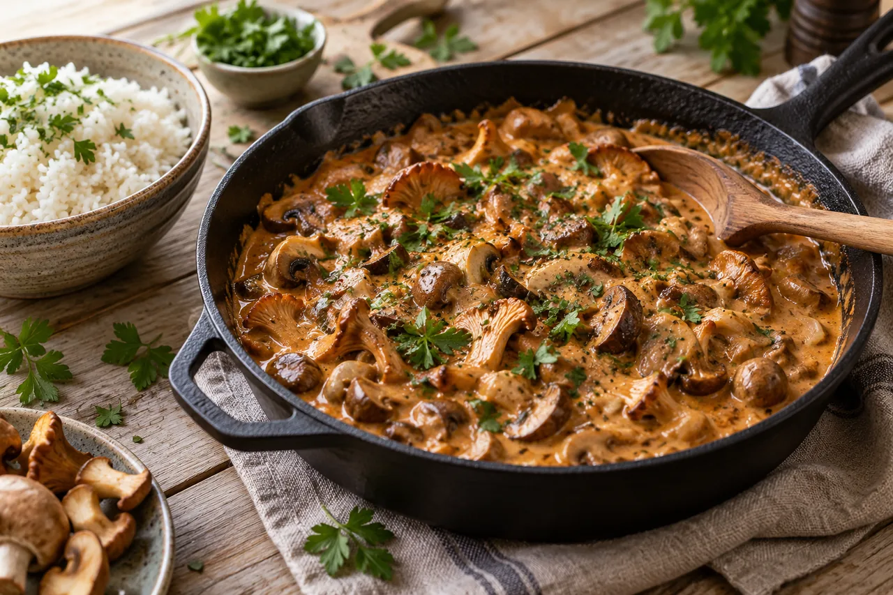Krämig svampstroganoff med ris
