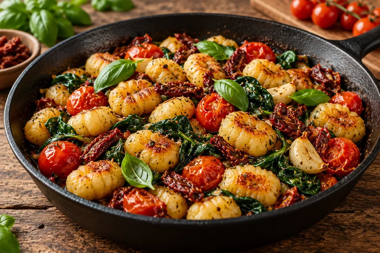 Krispig gnocchi med ugnsbakade tomater och spenat