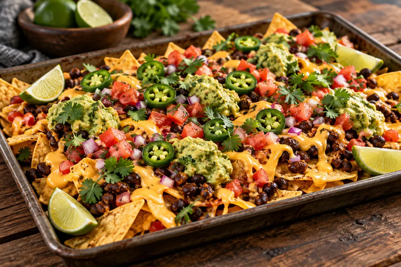Nachotallrik med svarta bönor och vegansk ostsås