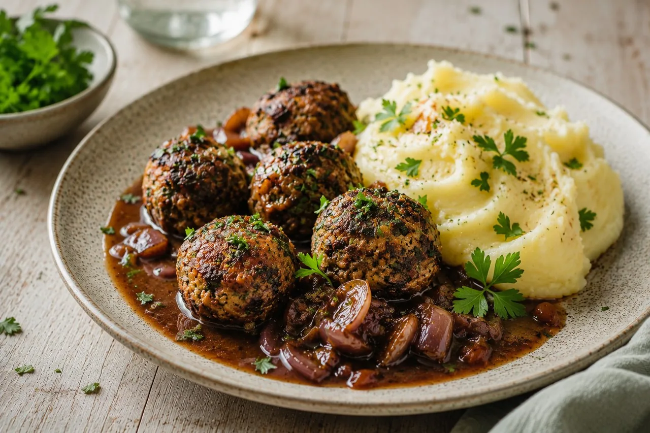 Nötfrikadeller med rödvinssky & potatispuré