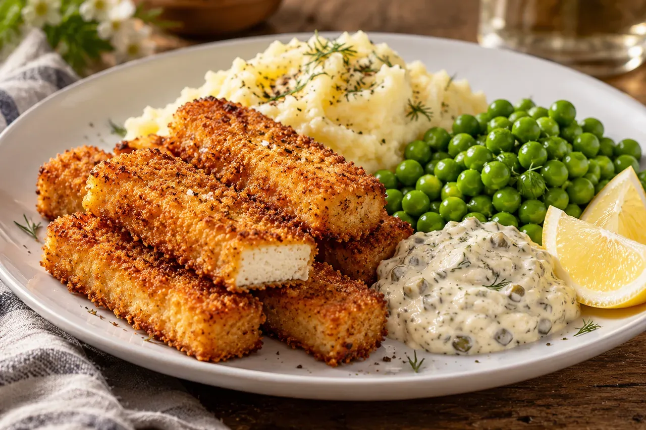 Panerade tofupinnar med potatismos och gröna ärtor