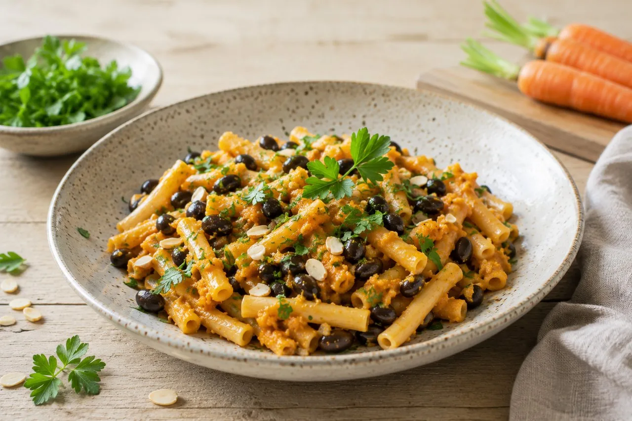 Pasta med morotspesto och curryrostade svarta bönor