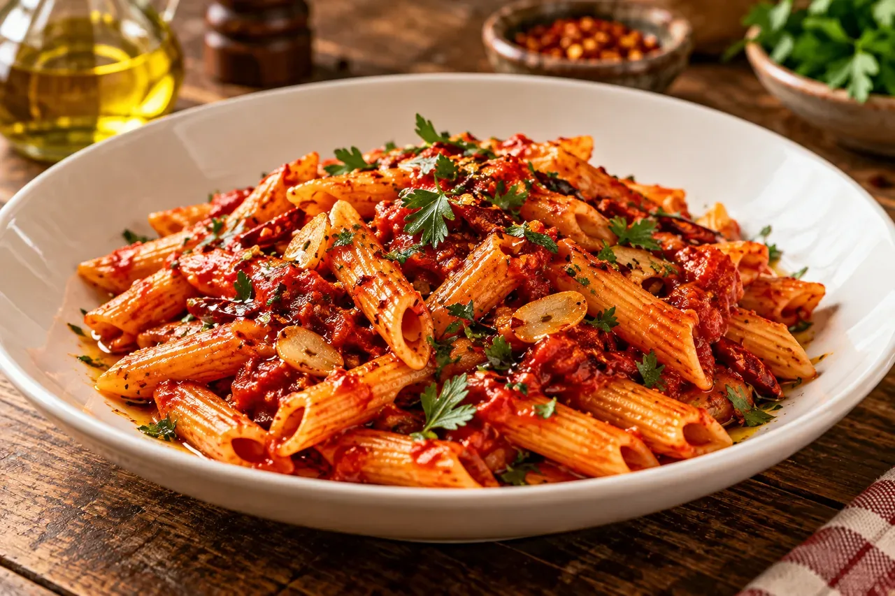 Penne all'arrabbiata med vitlök och chili