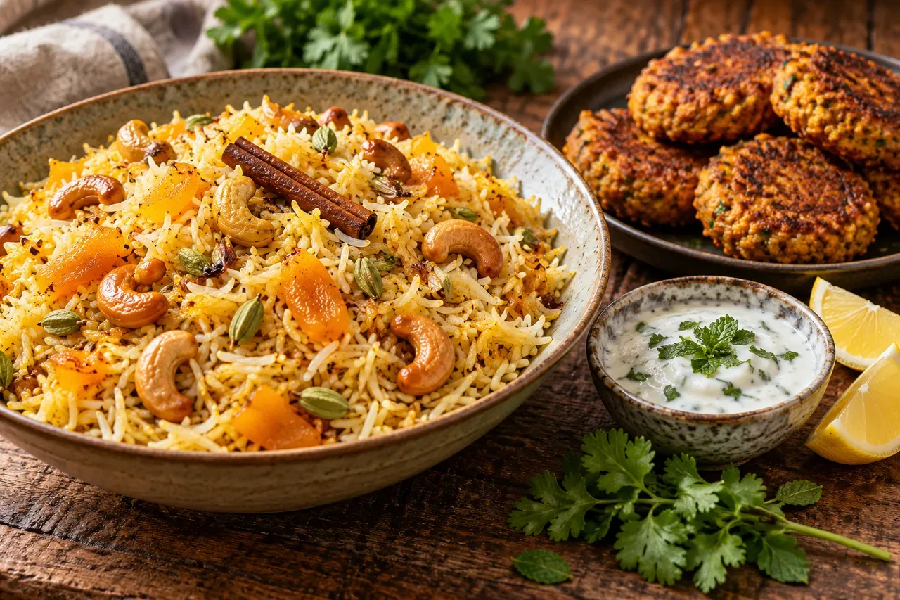 Pilaffris med cashewnötter och mango och citronmasalabiffar