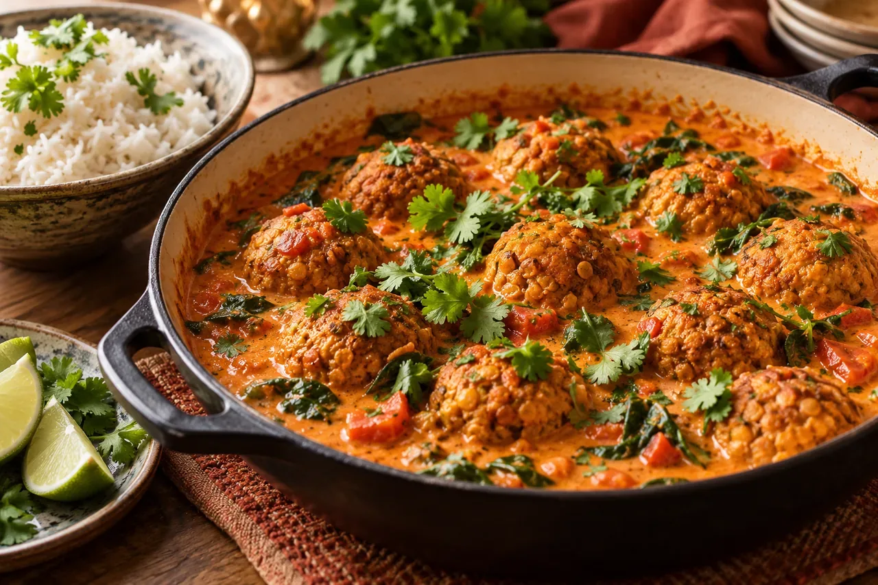 Röda linsbollar i röd currysås med ris