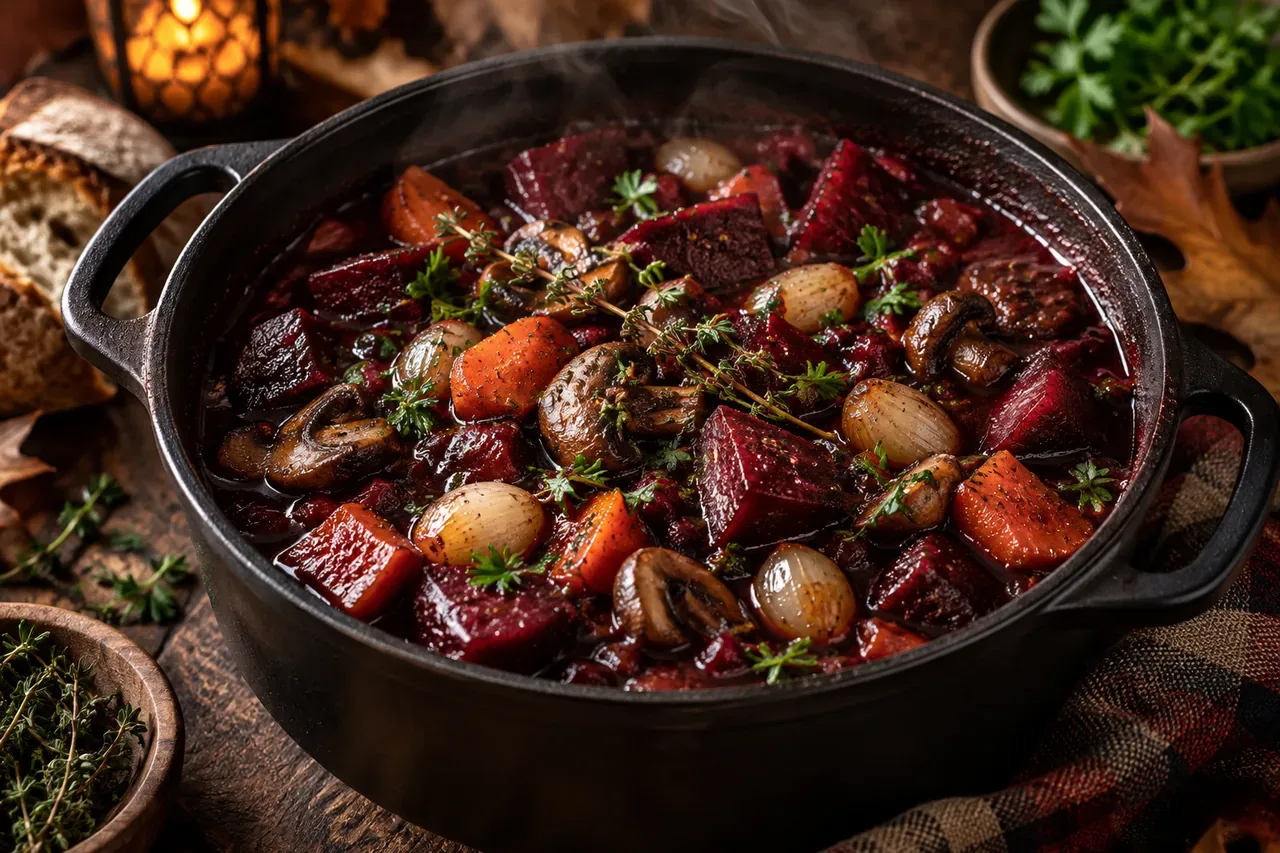 Rödbetsbourguignon med svamp och pärllök