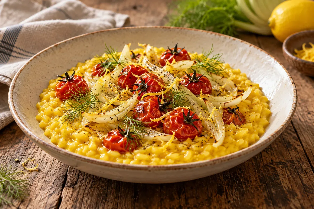 Saffransrisotto med fänkål och rostade tomater