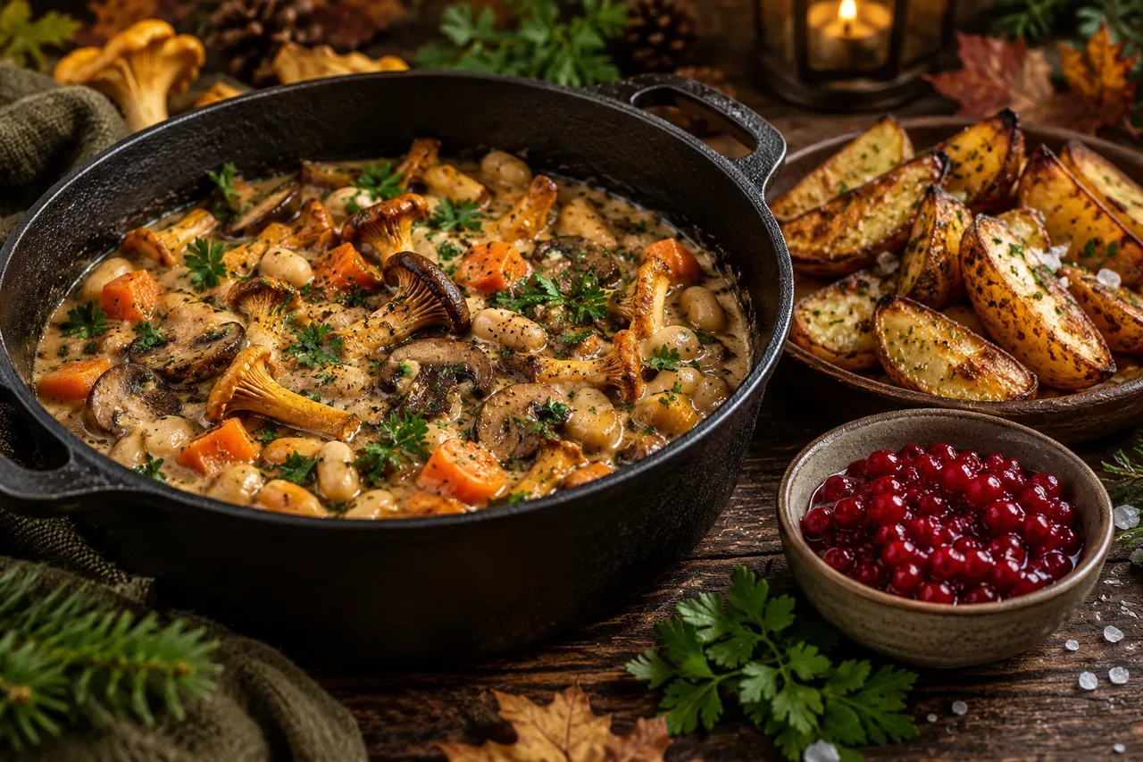 Skogsgryta med svamp, klyftpotatis och rårörda lingon