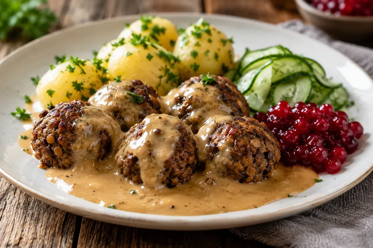 Svarta bönbullar med gräddsky, potatis och lingon