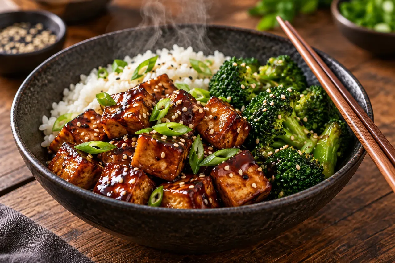 Tofu teriyaki med ris och sesambroccoli