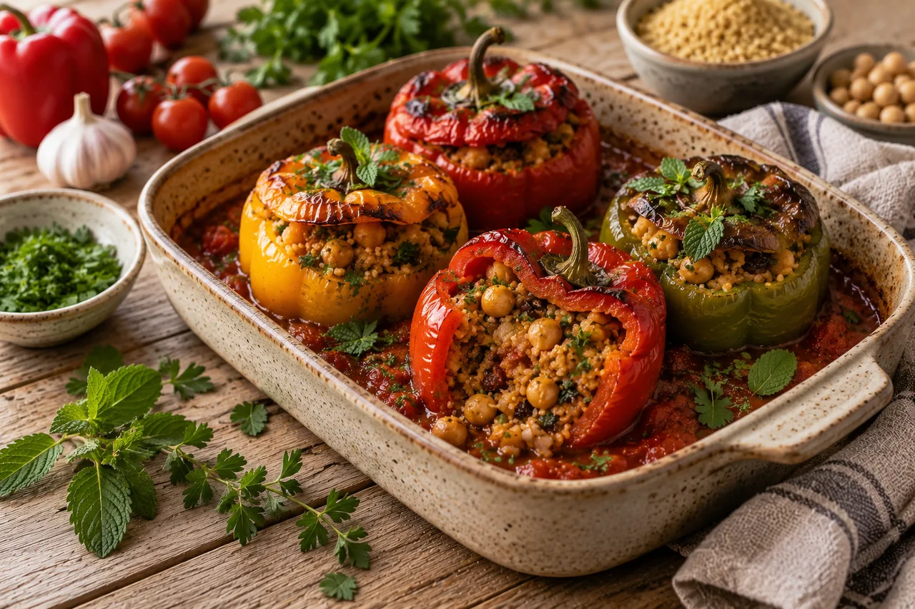 Ugnsbakad paprika fylld med bulgur och kikärtor