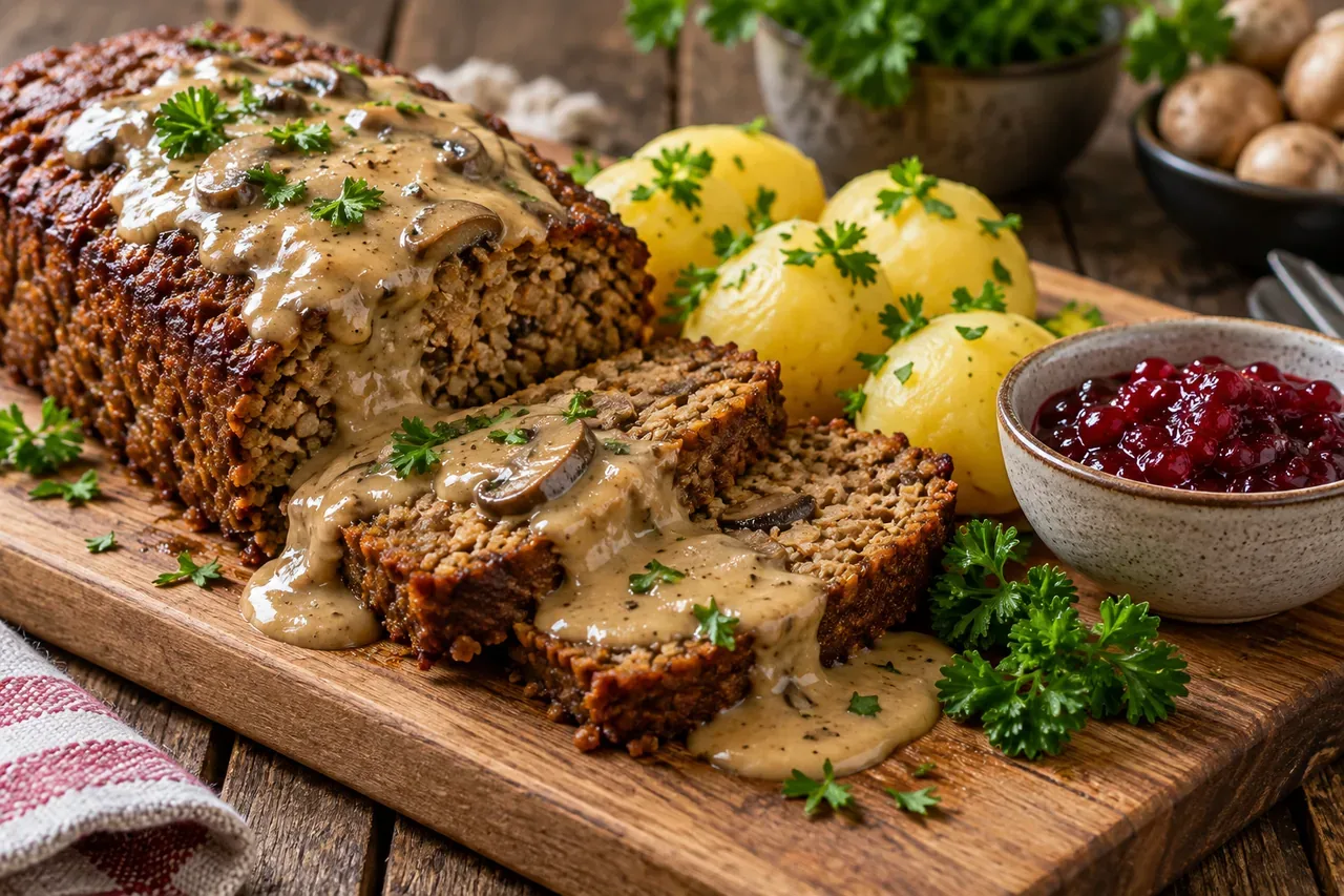 Vegansk färslimpa med svampsås och potatis